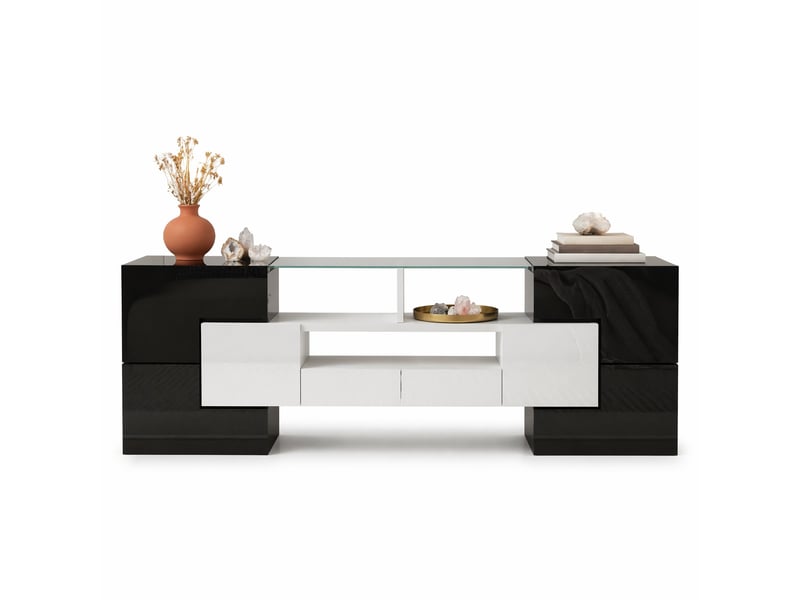  Meuble tv bas 145 x 30 x 51 cm, led multicolore, mdf blanc brillant  - Conforama A