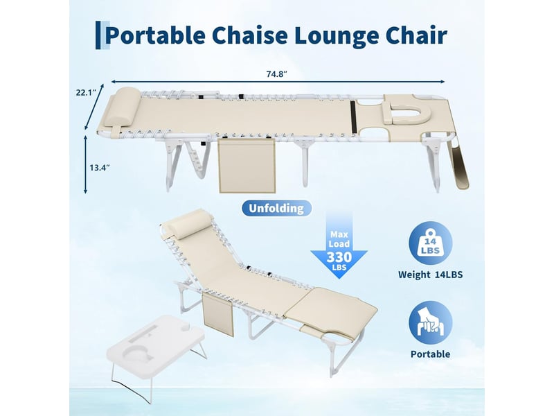  Banc de jardin réglables chaises de plage 3 en 1 pour terrasse– trou pour le visage, table pliante, ,coussin amovible -beige cBc-Rgz4QbkI-0VqO - Conforama C