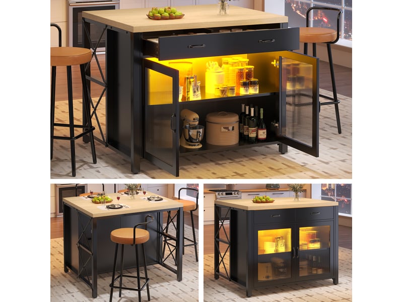  Îlot de cuisine noir avec rangement et éclairage led homvra  - Conforama D