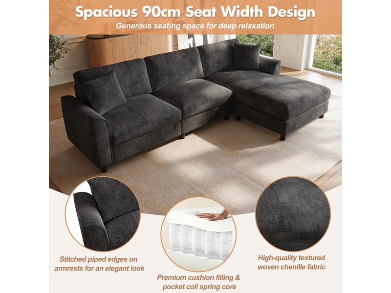  Canapé d'angle 3 places en tissu chenille gris, 256×137×79 cm, méridienne réversible, assise large 90 cm, sans montage  - Conforama D