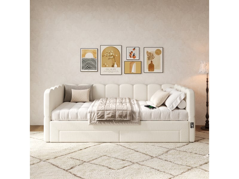 Lit gigogne 90180x190 cm - lit enfant extensible avec rangement et ports usb type-c, revêtement en lin, sans matelas, beige  - Conforama C
