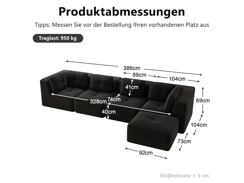  Sofa modulable d'angle sans cadre, canapé 4 places confortable avec assise profonde, coussins moelleux et tissu en velours côtelé noir, pas d'assemblage requis et pieds antidérapants  - Conforama E