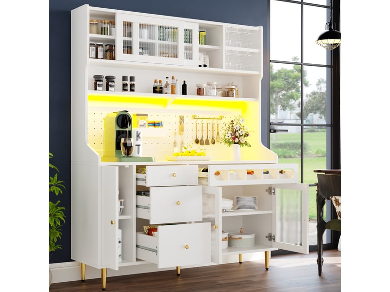  Buffet haut 145x39x171 cm blanc en mdf et verre, led, 3 étagères réglables pour cuisine et salon  - Conforama B