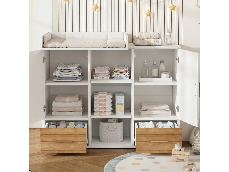  Commode à langer multifonctionnelle 114x53x92 cm avec rangement mdf naturel et blanc  - Conforama C