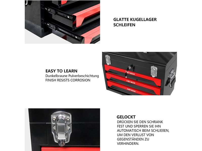 Boîte à outils transportable 50 x 27 x 35 cm noir et rouge en acier, 3 tiroirs à roulements à billes - Conforama E