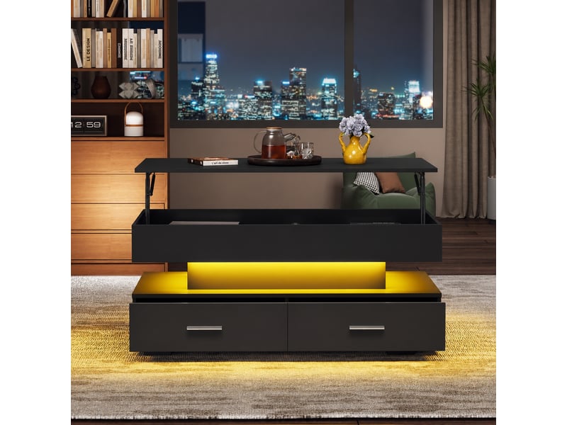 Table basse relevable noire avec led et 2 tiroirs, 100 × 50 × 44 cm - Conforama R