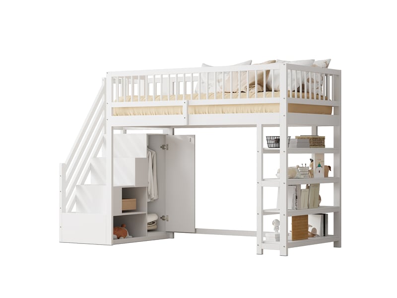 Lit mezzanine 90 x 200 cm, penderie, étagères et espace de rangement, échelle d'accès sécurisée, bois massif, blanc - Conforama A