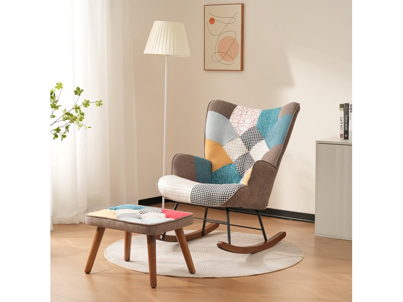 Fauteuil à bascule avec repose-pieds, dossier rembourré et structure en bois massif et fer, en mousse multicolore - Conforama C