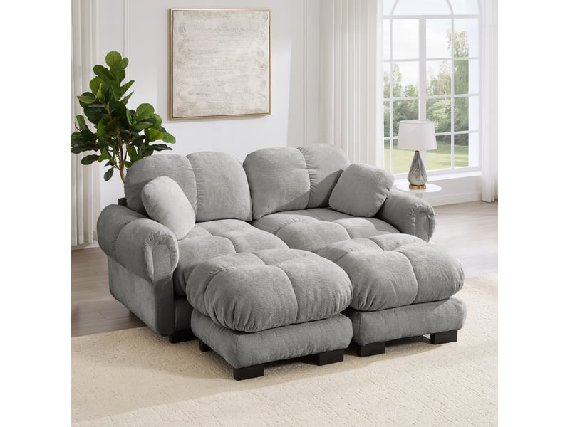 Canapé modulable 2 places modenvie en chenille gris clair avec pouf mobile, configuration en u ou en l, 190 x 149 x 90 cm - Conforama D