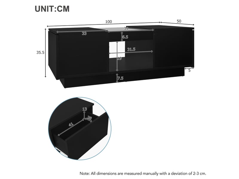 Noir couchtisch 100x50x35,5 cm – avec revêtement en verre, éclairage led, réglage par application, 2 prises de courant et 1 ouverture par jour - Conforama C