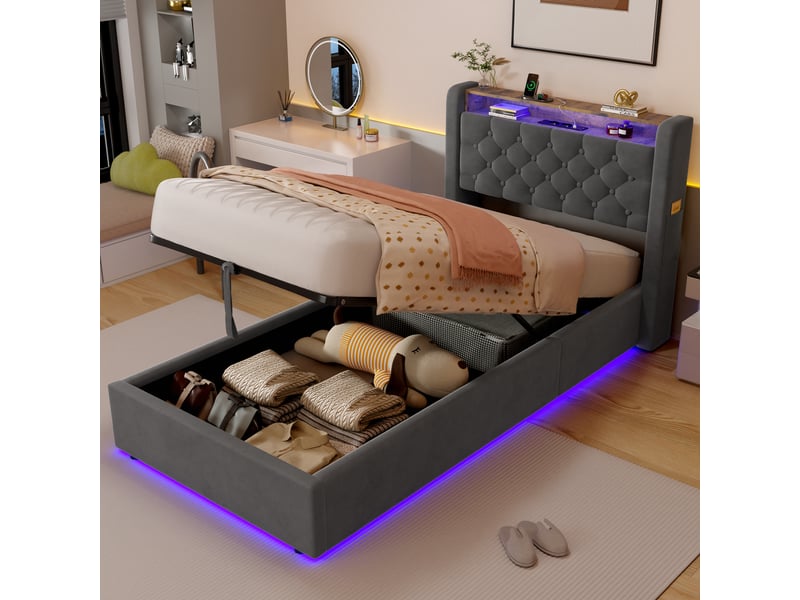  Lit coffre simple 90x200 cm avec led et usb-c, en velours gris  - Conforama D