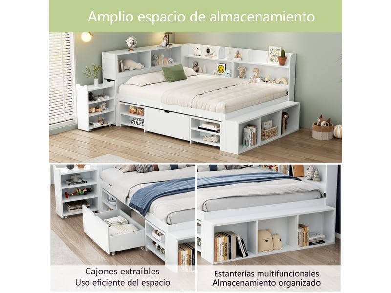  Lit enfant, 140 x 190 cm, lit simple, lit enfant multifonctionnel avec tiroirs et étagères, grand espace de rangement, sommier à lattes, matelas non inclus, blanc.  - Conforama E
