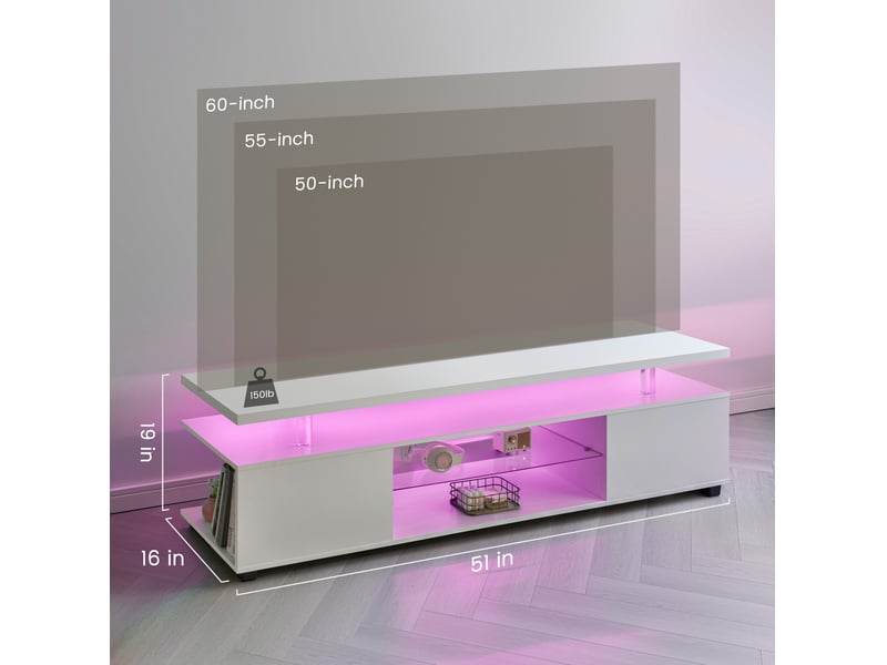  Meuble tv modenvie led réglable pour écran jusqu'à 60 pouces 130 x 40 x 48 cm blanc  - Conforama C