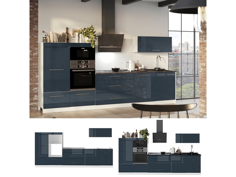  Vicco cuisine, bleu foncé brillantblanc, 340cm sans pt  - Conforama D