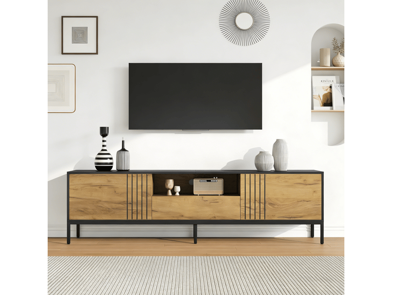  Meuble tv bas 170 x 35 x 50 cm – chene et noir – pour ecran jusqu a 70 pouces, rangement 2 portes et tiroir  - Conforama B