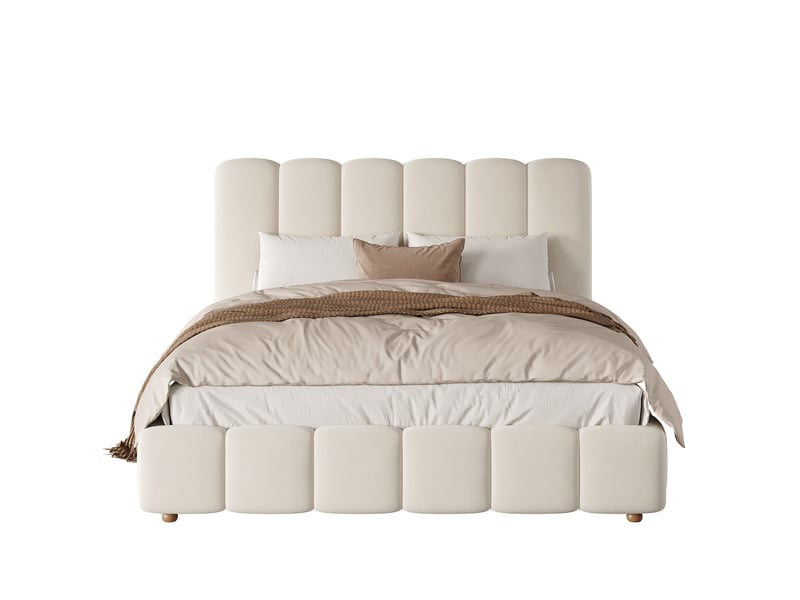  Lit double 140x190 cm en velours beige avec coffre hydraulique, tête de lit rembourrée et sommier, sans matelas  - Conforama A