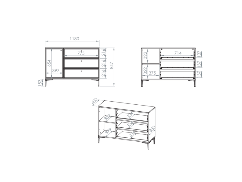 Selsey sandro - buffet 3 tiroirs - 118 cm - grėge Sandro - Conforama E