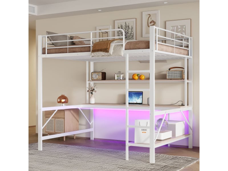  Lit mezzanine 140x200 cm coloris blanc led métal lit enfant blanc - Conforama D