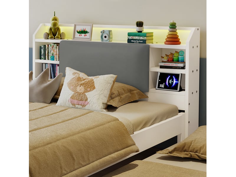  Lit jeune avec lit gigogne, 120x200 cm, led, rangement et station de charge, matelas non inclus, bois, coloris blanc  - Conforama E