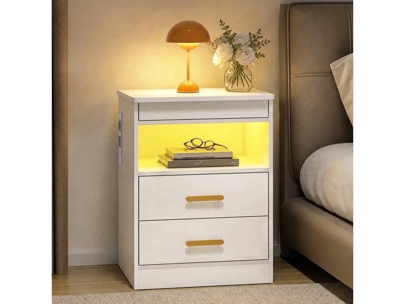  Table de chevet tcqpz 45 x 40 x 59 cm avec station de charge rgb led 2 tiroirs blanc brillant  - Conforama D