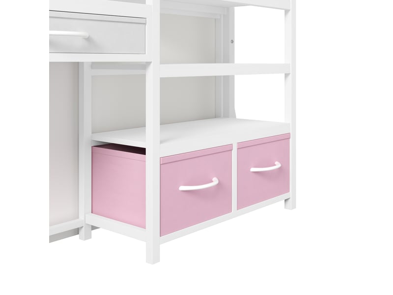  Lit mezzanine enfant 90 x 200 cm avec bureau, rangements, tiroirs en tissu, rideau, étagère à plusieurs niveaux et éclairage led, métal, blanc  - Conforama D