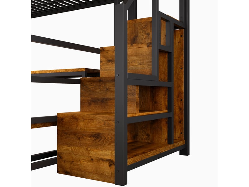  Lit mezzanine 140×200 cm avec bureau, led, usb, type-c et rangements, métal et mdf noir sans matelas  - Conforama D