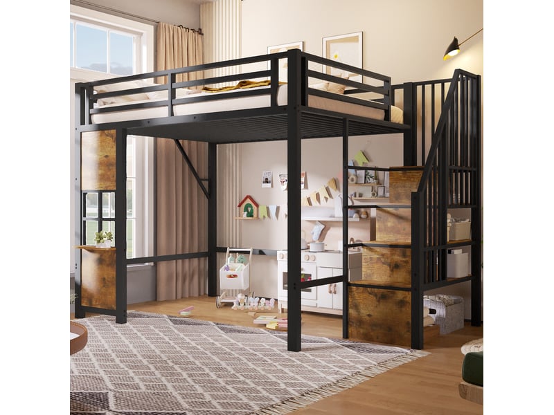  Lit mezzanine 140x200 cm, noir, métal mdf, équipé de garde-corps de sécurité et d'échelle de rangement, sans matelas  - Conforama D