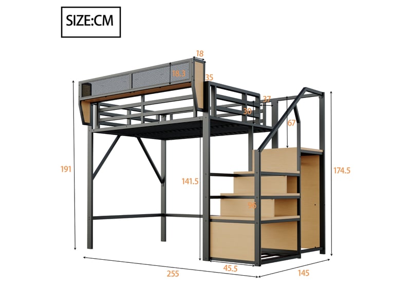 Lit mezzanine 140 x 200 cm avec échelle sécurisée et rangement modulable, couchage adulte ou enfant, structure en métal noir evarich - Conforama C
