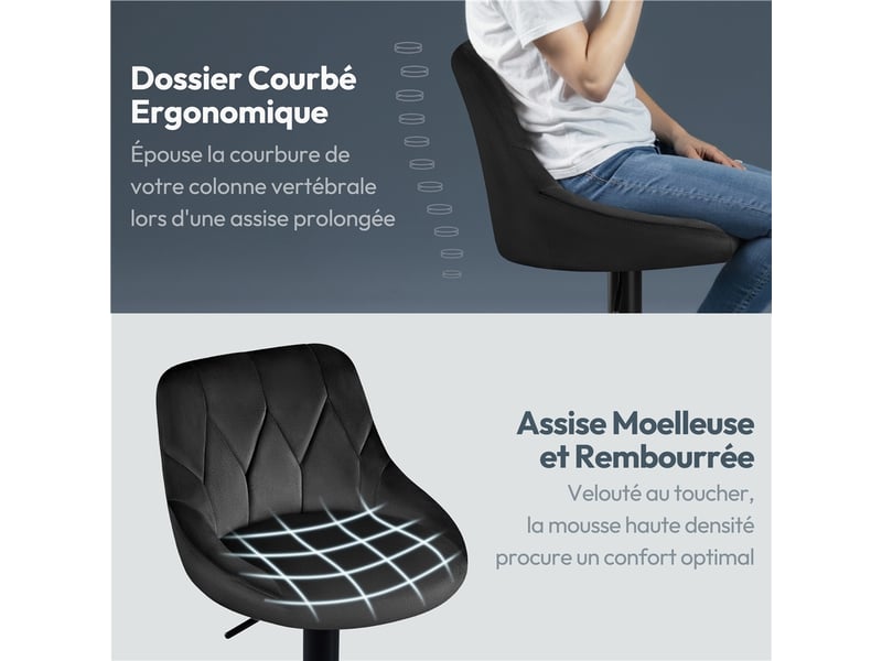 Lot de 4 chaises hautes pivotantes en velours avec hauteur réglable et base antidérapante 593510 Black(2pcs)*2 - Conforama R