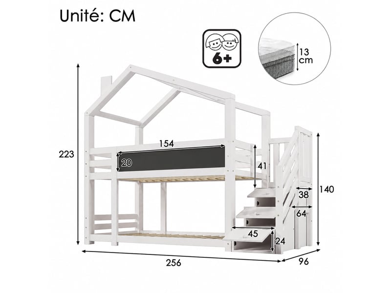 Lit superposé cabane 2 places avec escalier de rangement, tableau et barrières, 90x200 cm, sans matelas - Conforama D