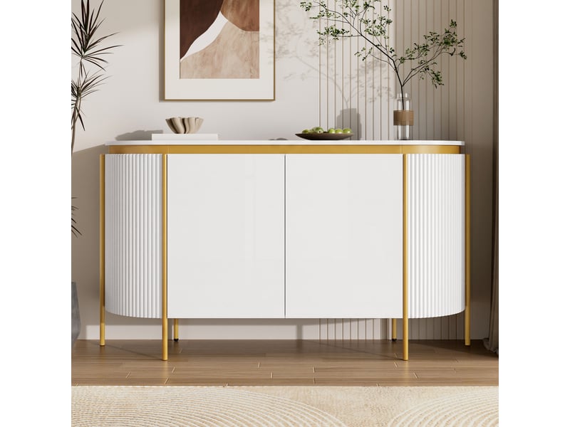  Buffet de rangement 140x38x80 cm, 4 portes sans poignées, façades rainurées, passe-câbles, pieds métal pour salon - blanc  - Conforama B