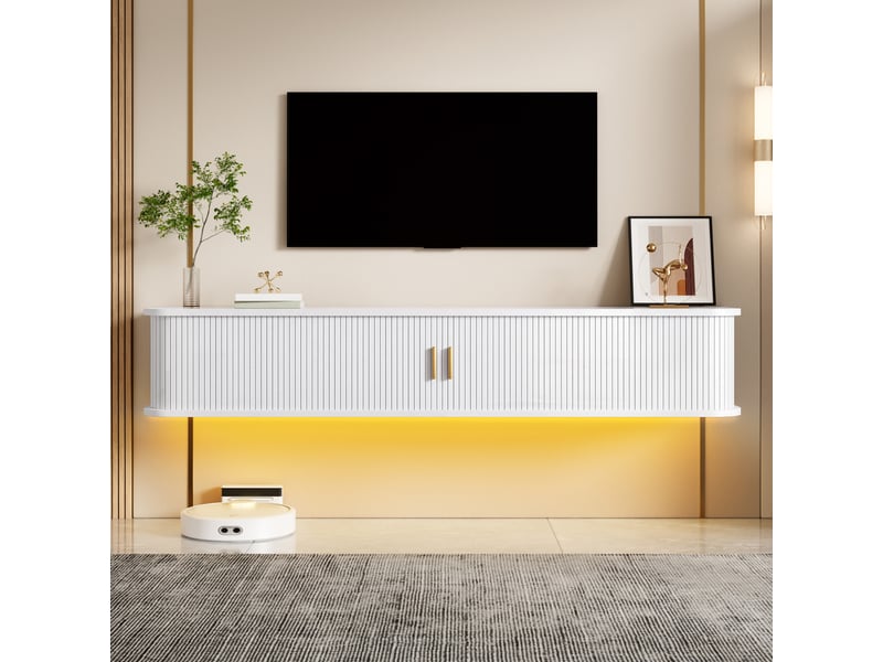  Meuble tv suspendu 175x30x30 cm, 2 portes coulissantes, 1 tiroir, étagères réglables, led par application, façade rainurée - blanc  - Conforama B