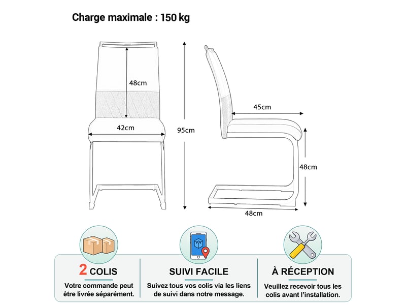  Chaise de salle à manger ergonomique avec dossier haut rembourré et patins de protection, métal blanc, 42 × 48 × 95 cm  - Conforama D