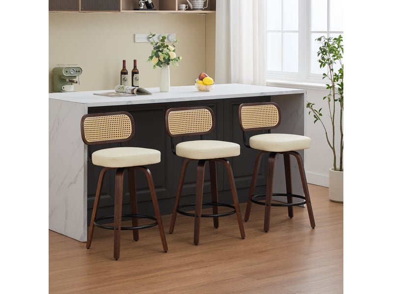  Tabouret de bar pivotant lot de 3 dossier cannage beige cravdom  - Conforama C