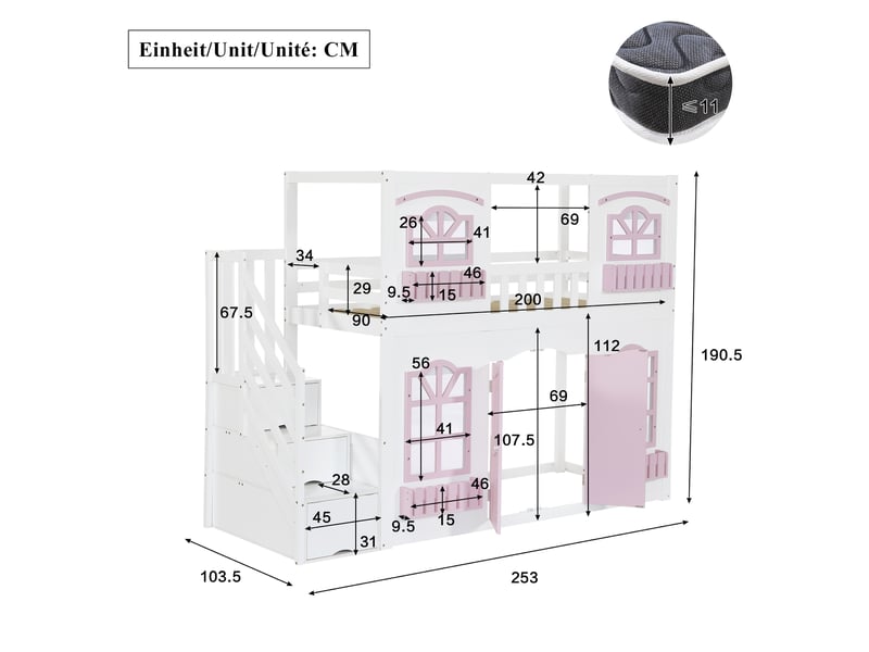  Lit superposé enfant 90x200 cm - avec portes et fenêtres - escalier avec rangements - rayonnage de stockage - bois massif + mdf - blanc + rose (sans matelas)  - Conforama C