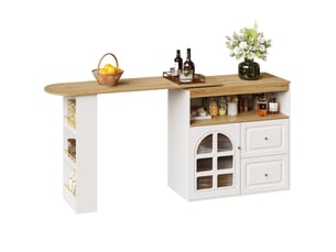 Meuble bar pivotant avec 2 tiroirs, porte vitrée et étagères pour salle à manger en mdf blanc 138×39×104 cm