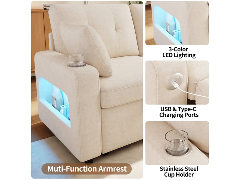 Canapé convertible 2 places avec couchage, led, ports usb et usb-c, rangements et porte-gobelets en chenille beige - Conforama E