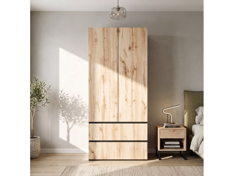  Armoire penderie modenvie 2 portes 90 x 50 x 200 cm avec 2 tiroirs chêne artisan et blanc  - Conforama E