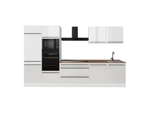 Vicco cuisine, blanc haute brillanceblanc, 340cm plan de travail chêne doré