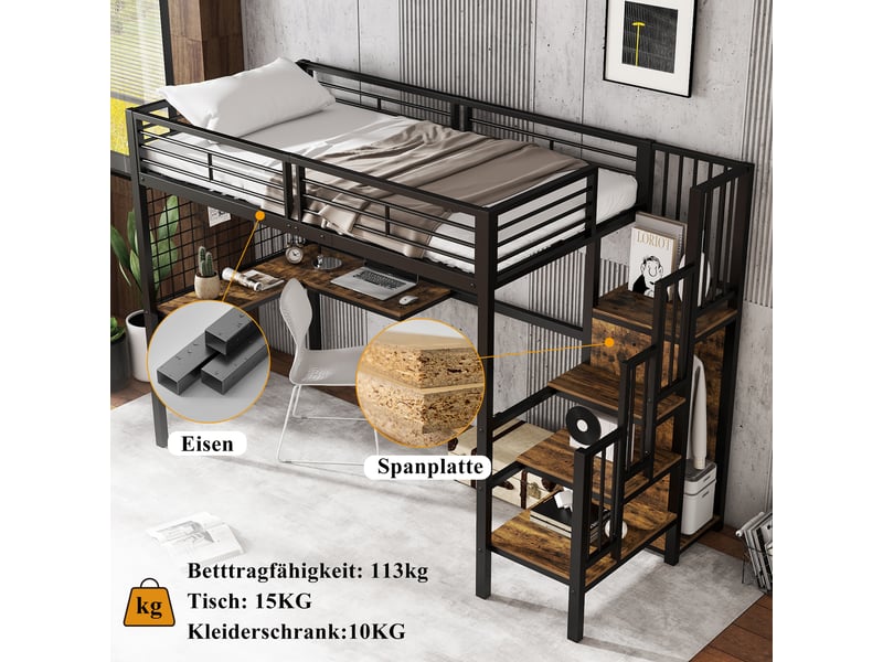  Lit mezzanine 90x200 cm avec rangement noir et bois foncé  - Conforama E