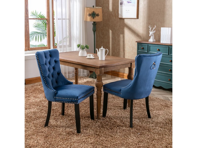  Lot de 2 chaises de salle à manger en velours bleu capitonnées pieds en bois massif et clous  - Conforama C