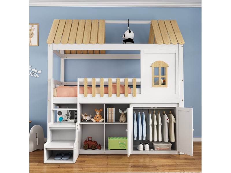 Lit surélevé enfant 90x200 cm avec armoire, rangement et escalier blanc naturel - Conforama D