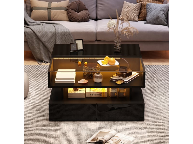  Table basse relevable noire 80x80 cm avec rangement caché et led - plateau verre trempé  - Conforama D