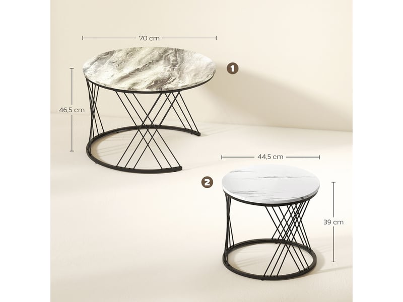  Lot de 2 tables basses gigognes rondes effet marbre gris et blanc  - Conforama C