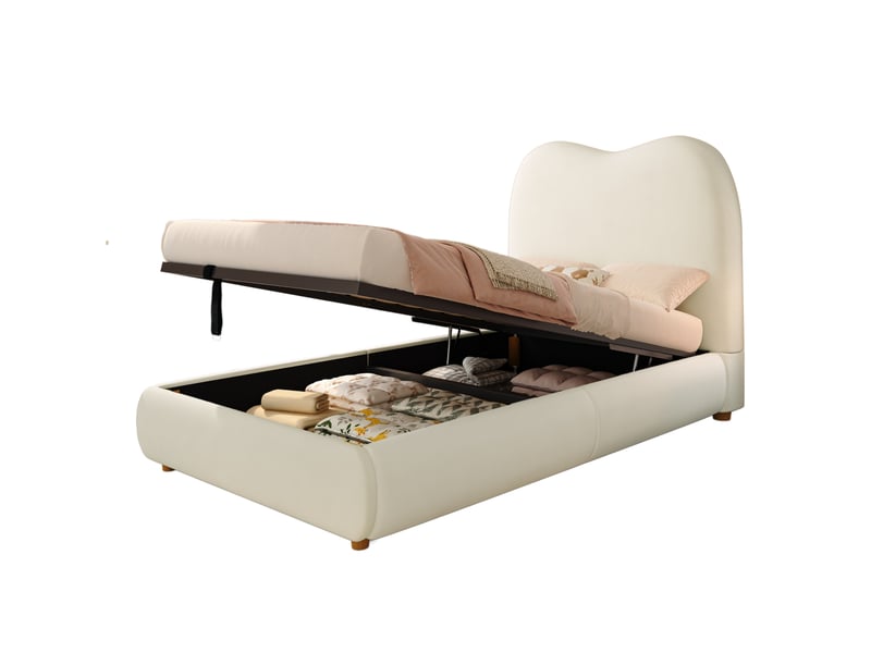  Lit coffre 90x200 cm, ouverture hydraulique et sommier à lattes, en velours, beige, sans matelas  - Conforama A