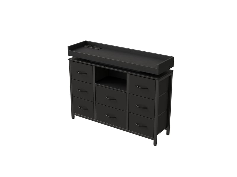  Commode 8 tiroirs avec éclairage led, meuble de rangement à prise intégrée, cadre en acier renforcé, noir  - Conforama A