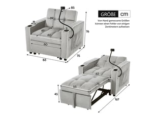 Fauteuil convertible 1 place, canapé-lit 3 en 1 en velours gris, dossier inclinable avec porte-gobelets et support téléphone, 83x167x76cm.