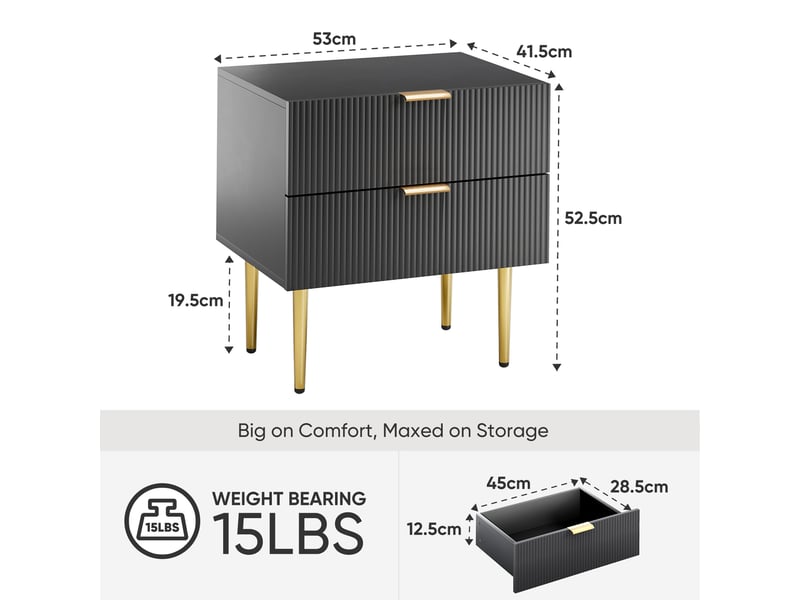  Table de chevet noire motif ondulé, 2 tiroirs, design moderne, pieds en métal, 1 pièce  - Conforama C