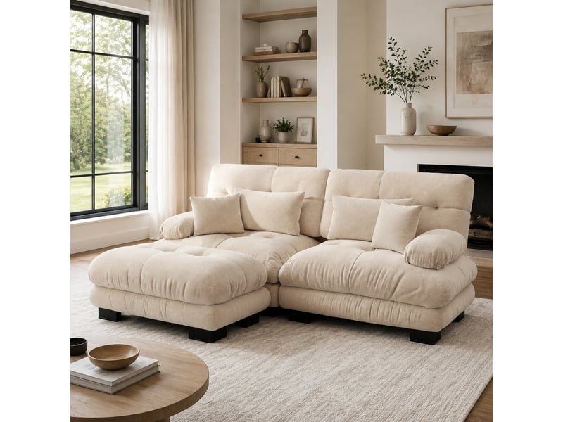  Canapé d’angle modulable 2 places en chenille marron clair avec ottomans mobiles  - Conforama B