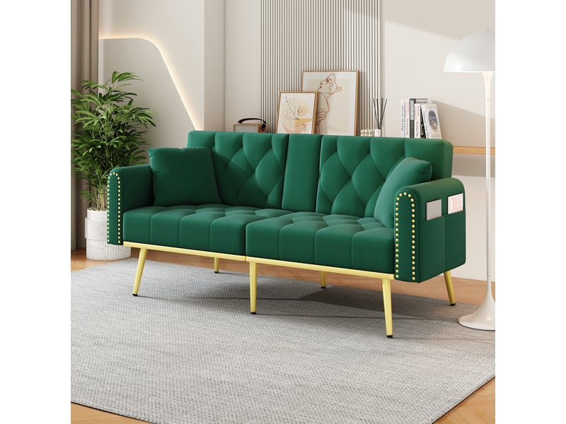 Canapé convertible, canapé-lit, en tissu, vert, porte-gobelets, pour salon, adapté à l'espace de vie, chambre - Conforama A